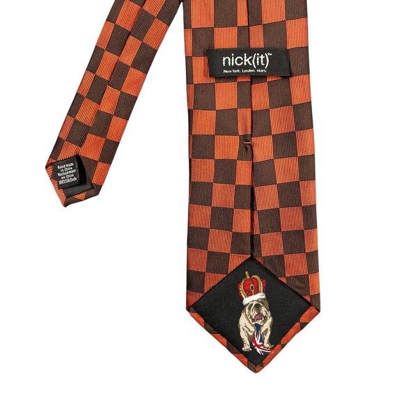 Nick(it) Orange Brown Checkered Necktie Mens OS Silk Bulldog Crown Graphic Tie - Picture 2 of 2